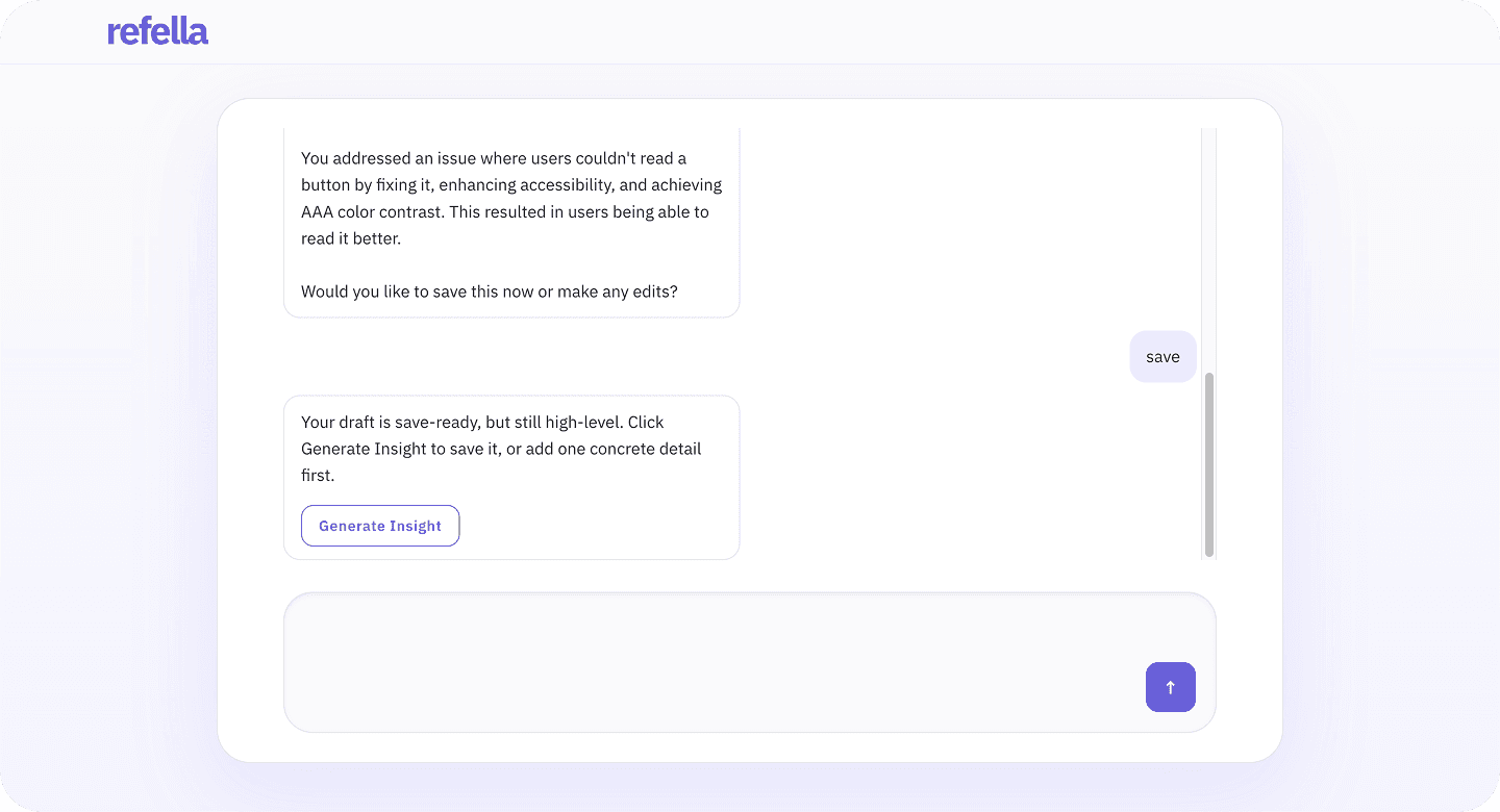 Refella chat review state prompting the user to generate an insight