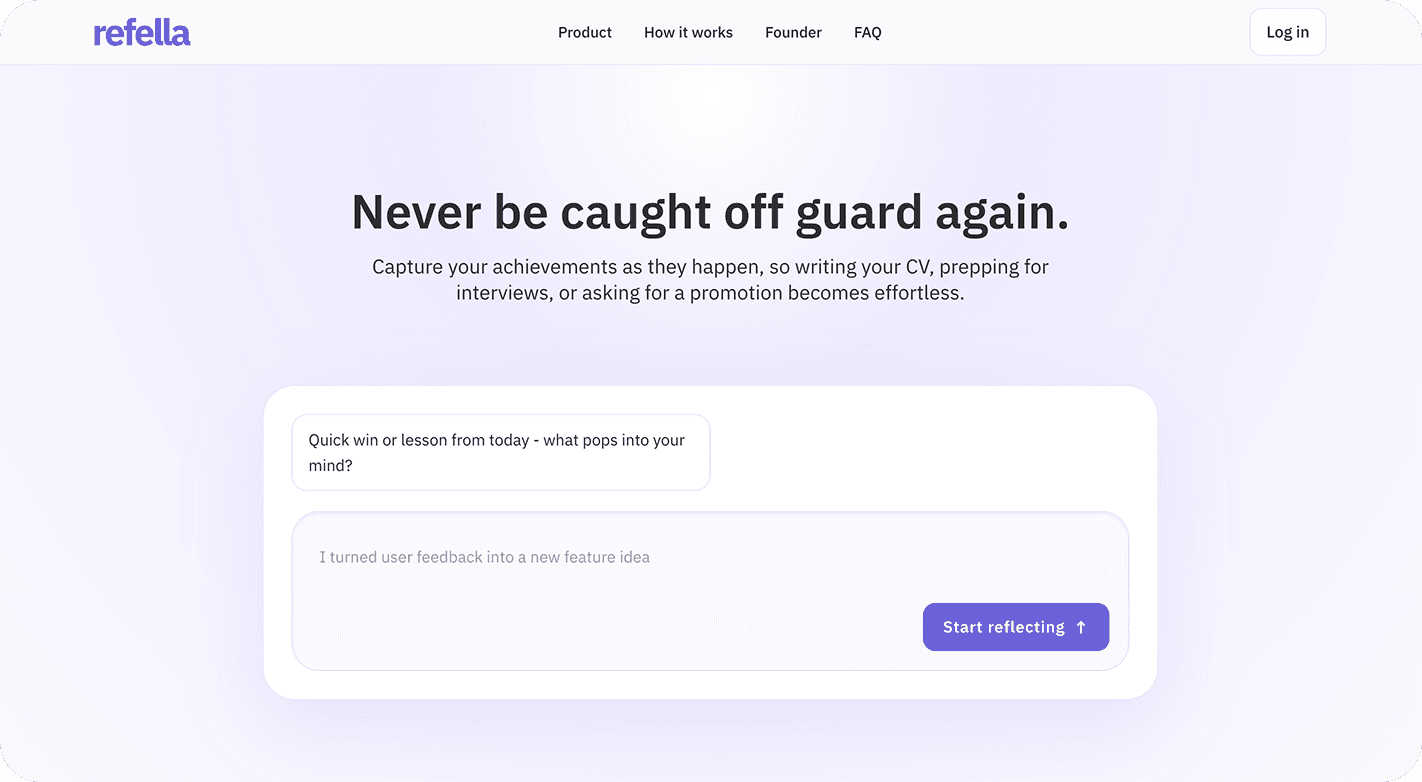 Refella landing page hero with first capture prompt